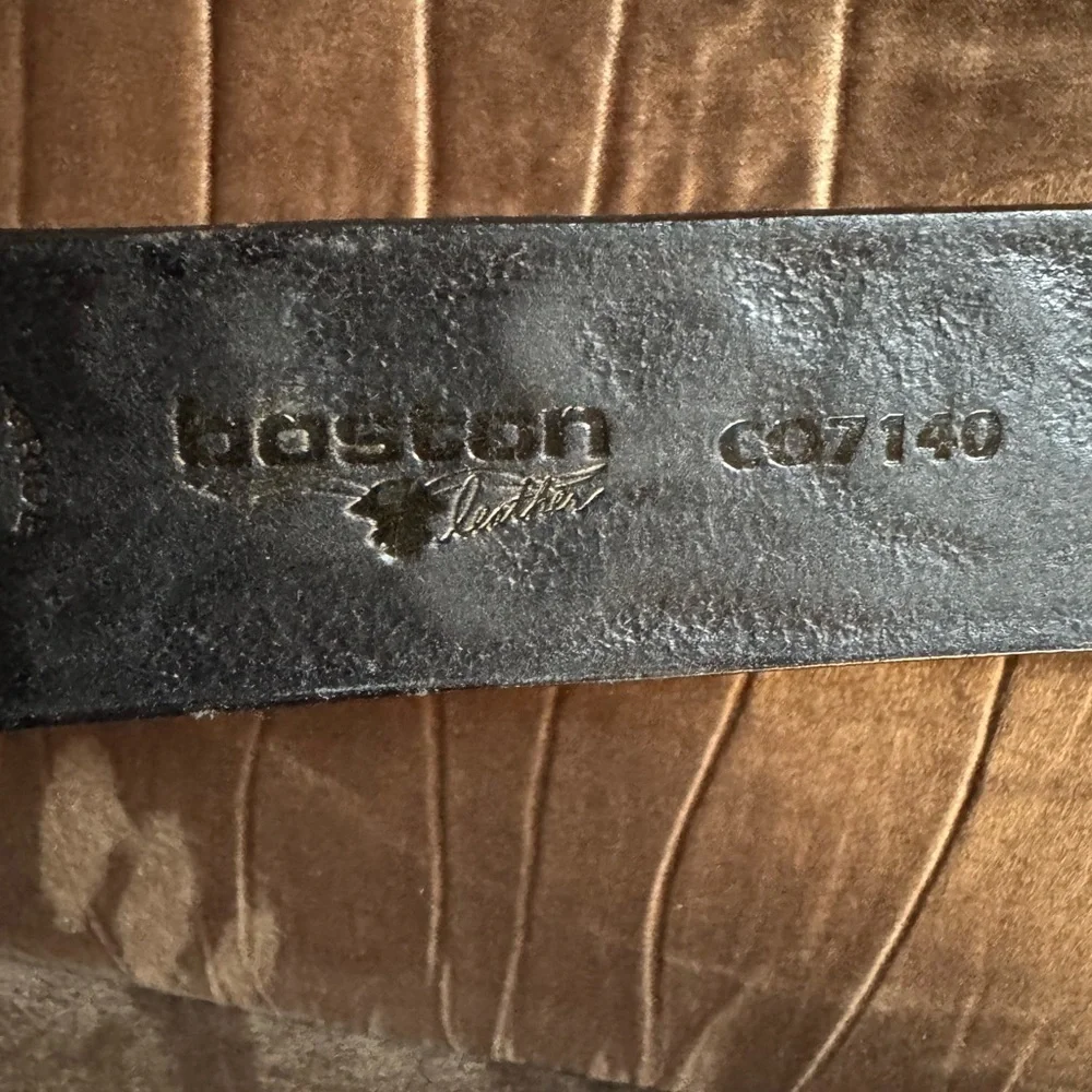 Boston black embossed leather belt with brass buckle Size 36 Made in USA